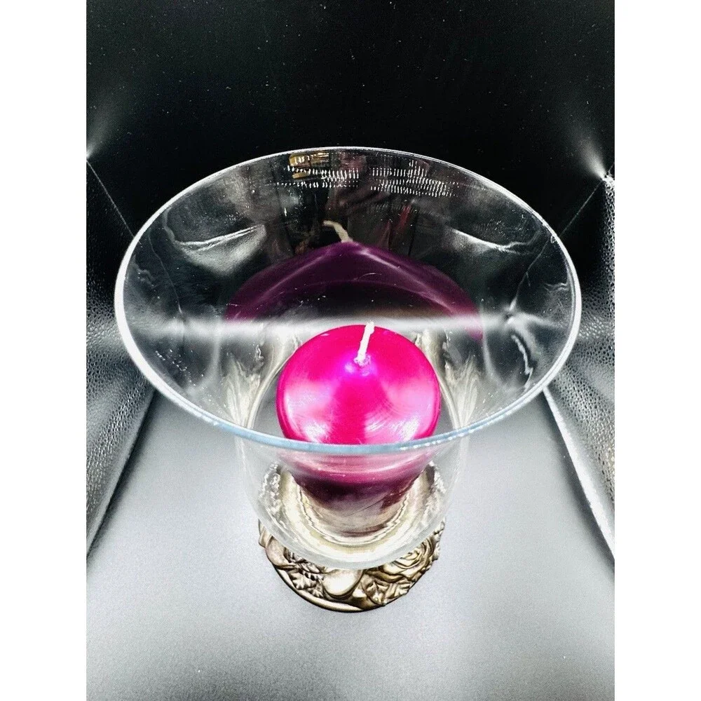 Vintage Silver Tone Rose Bow Hurricane Candle Holder Glass Chimney 10” Floral